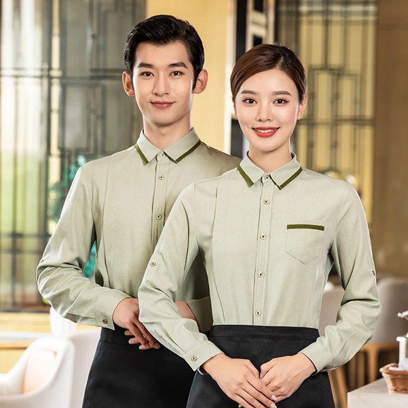 Custom logo kitchen hotel bar staff unisex long sleeve waiter waitress button-down restaurant uniform tops shirt shirts