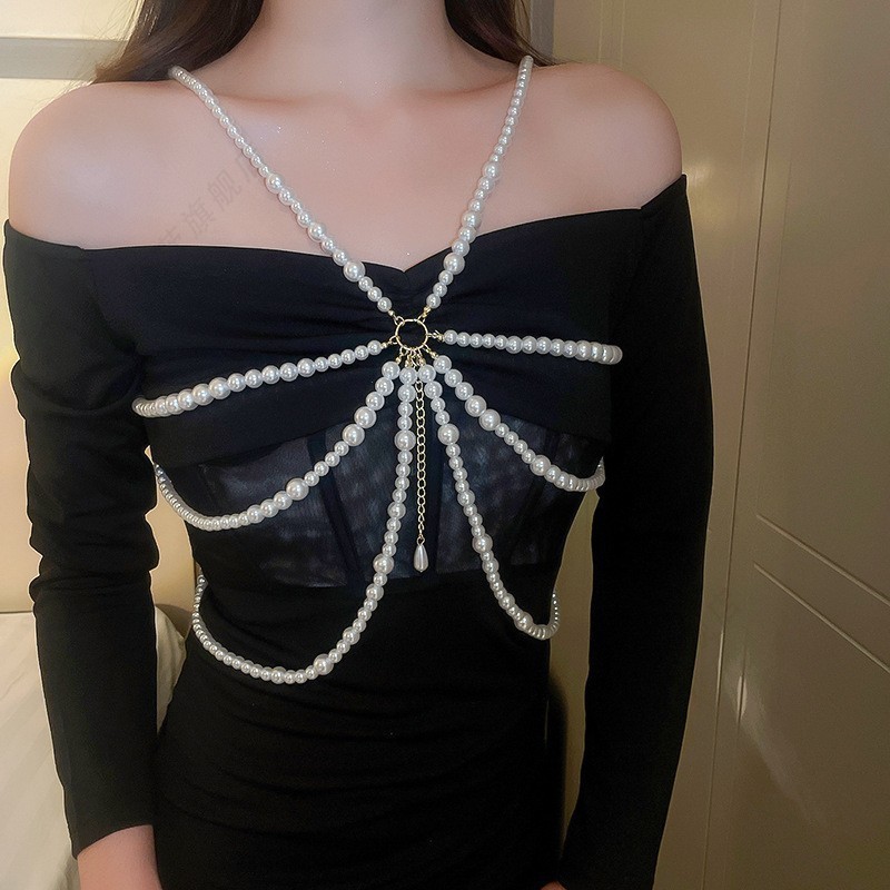 New Sexy Simple Pearl Metal With Diamond Multi-layer Body Chain Waist Chain