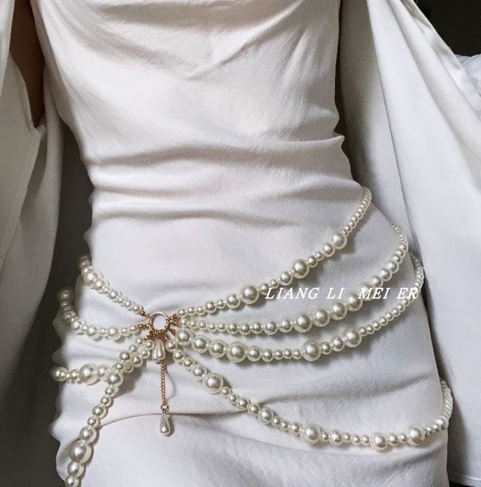 New Sexy Simple Pearl Metal With Diamond Multi-layer Body Chain Waist Chain