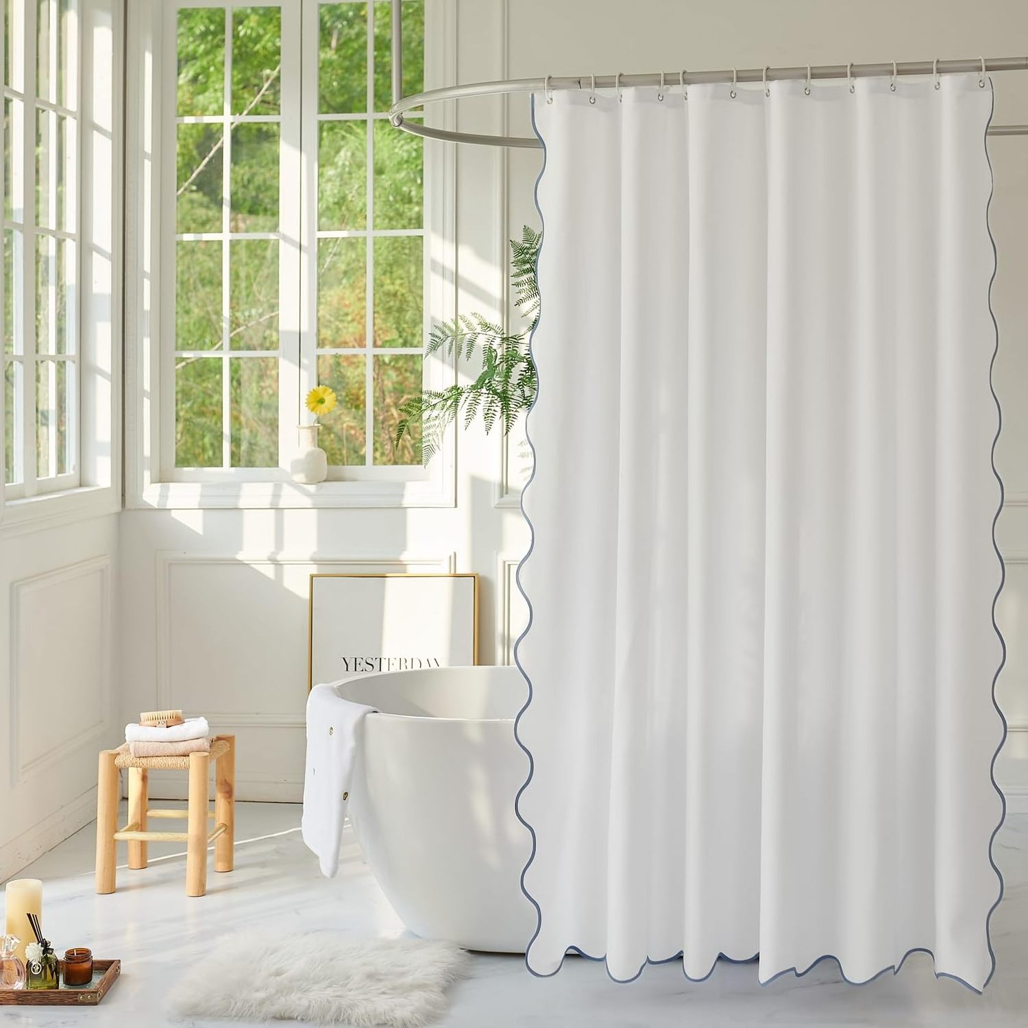 Chic White Fabric 72 x 72 Shower Curtain with Water Blue Scalloped Border Boho Chic Cloth Ideal for Bathroom Showers