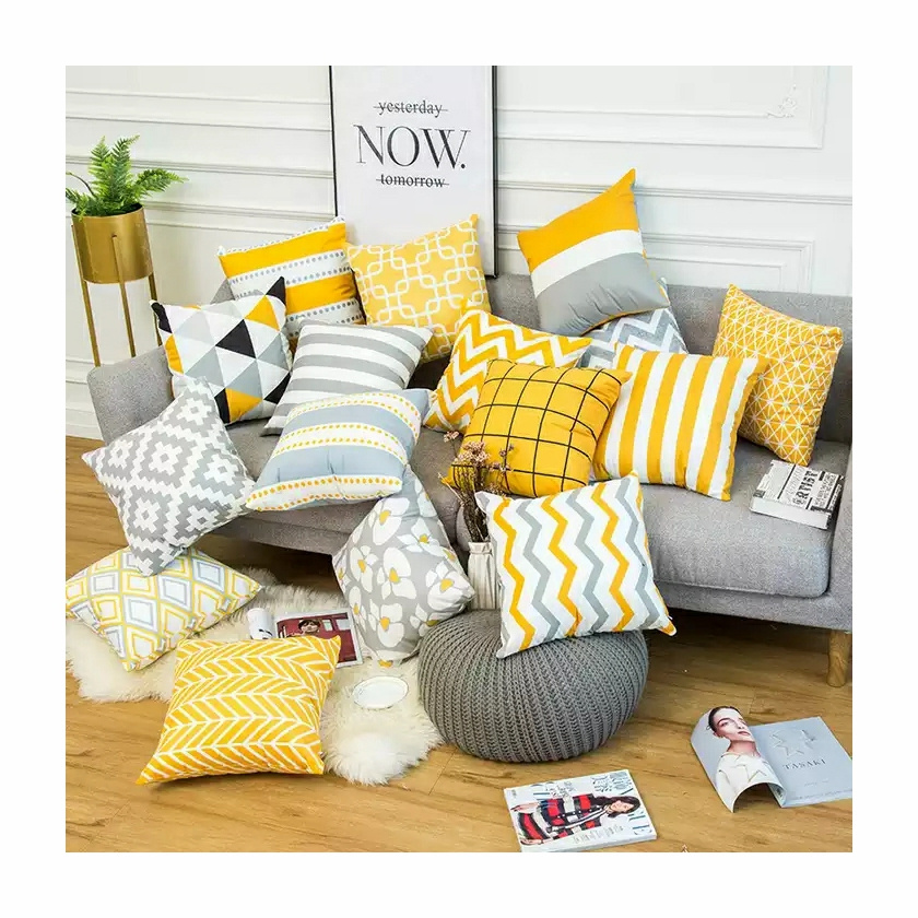 Modern Yellow Gray Geometric Striped Pattern Cushion Cover,  Thicken Short Velvet Cushion Cover/