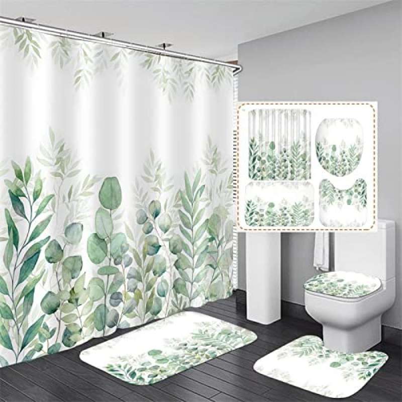 Funny Quotes Shower Curtain Sets with Non-Slip Rugs, Toilet Lid Cover and Bath Mat, green Shower Curtains with 12 Hook