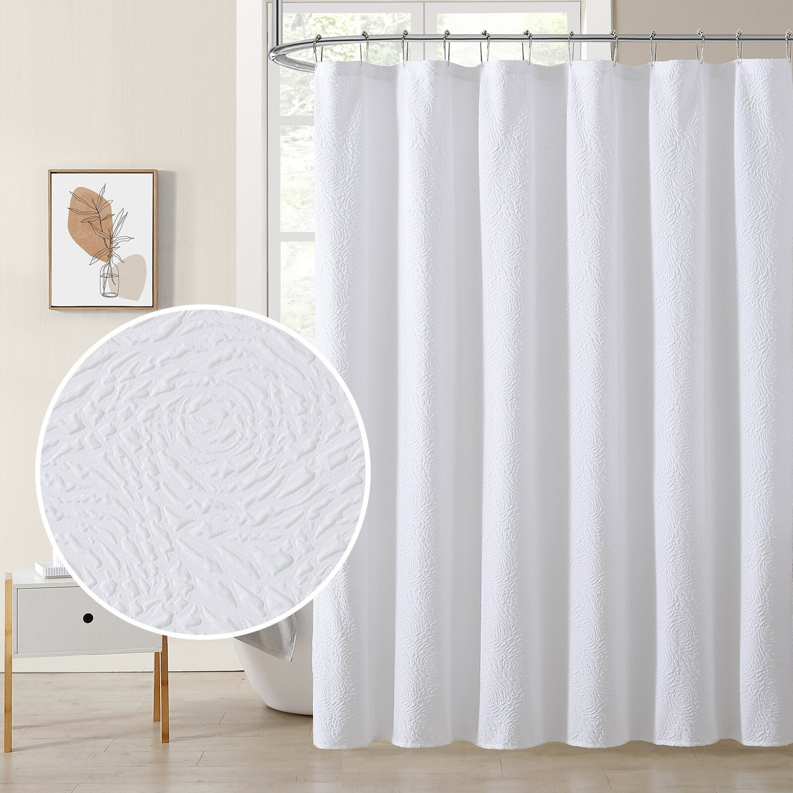 Elegant Floral Textured 3D Embossed Solid White Fabric Shower Curtain