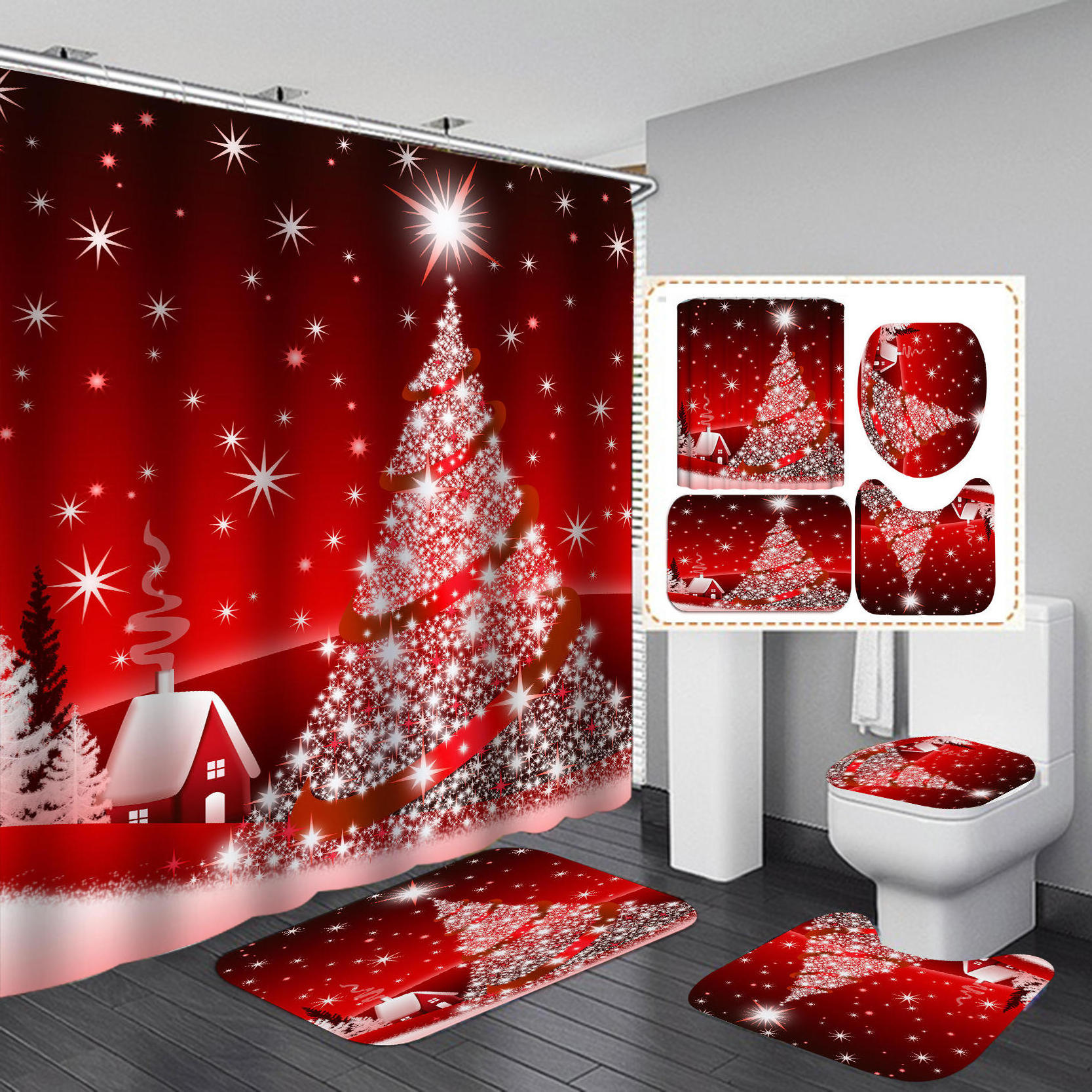 High Quality Polyester Designer 3D Printing Luxury Christmas Customize Dropship Home Waterproof Bath Curtains Set