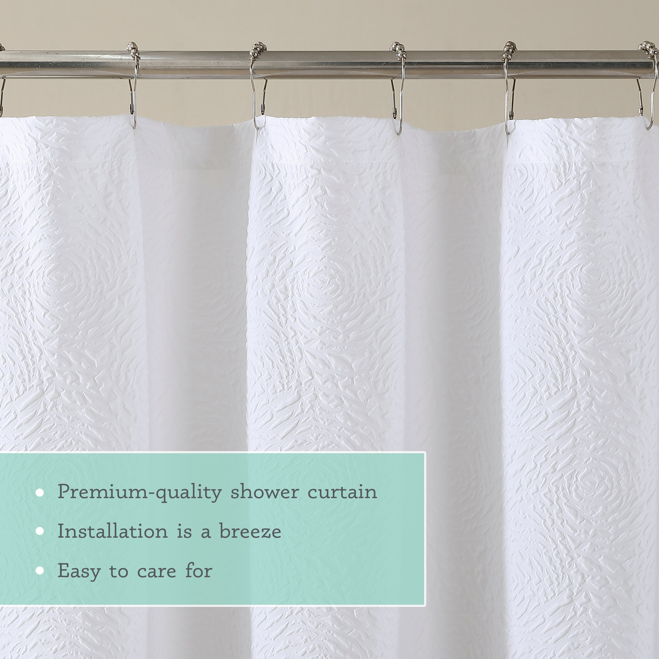 Elegant Floral Textured 3D Embossed Solid White Fabric Shower Curtain