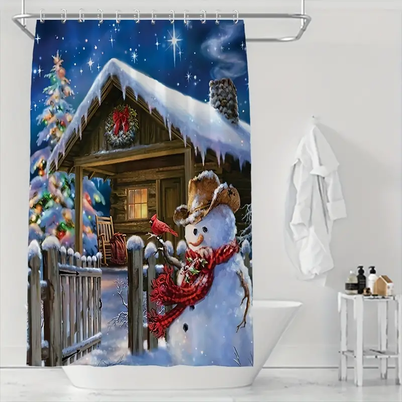 Thicken Digital Printing Festive Snowman Shower Curtain Waterproof Polyester Bathroom Christmas Shower Curtain and Rugs Set