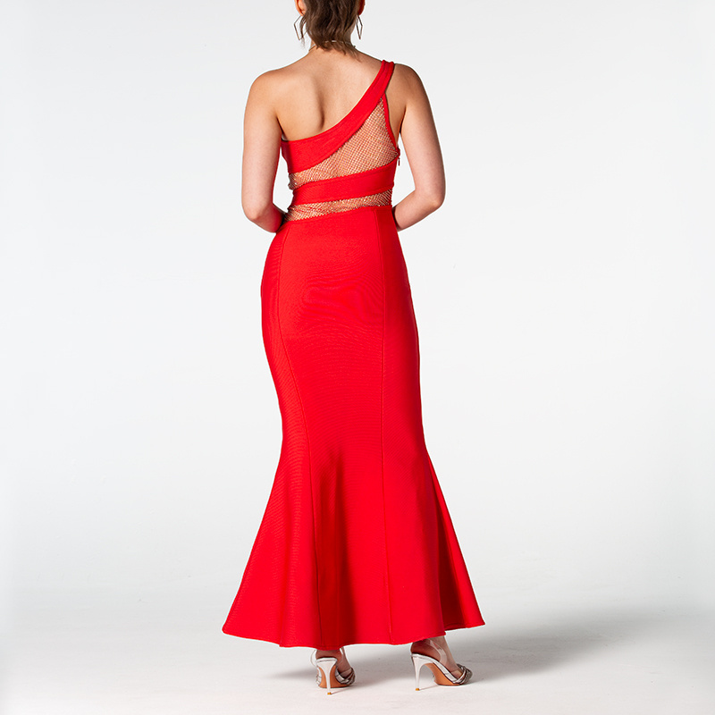 Women Bandage One Shoulder Fashion Prom Dresses Summer Bodycon Sexy Red Long Mermaid Dress