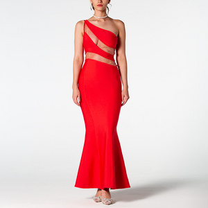 Women Bandage One Shoulder Fashion Prom Dresses Summer Bodycon Sexy Red Long Mermaid Dress