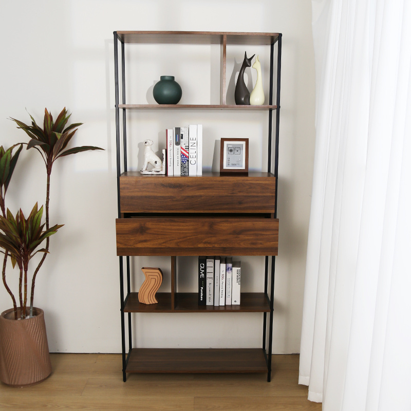 5 Tiers Tall Storage Shelves, Steel Frame Display Rack  Bookshelf with Drawers Wide Industrial Book Shelf with Bookend