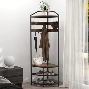 Corner Hall Tree Clothes Stands Rack Shoes Shelf Organizer with Metal Movable Hooks