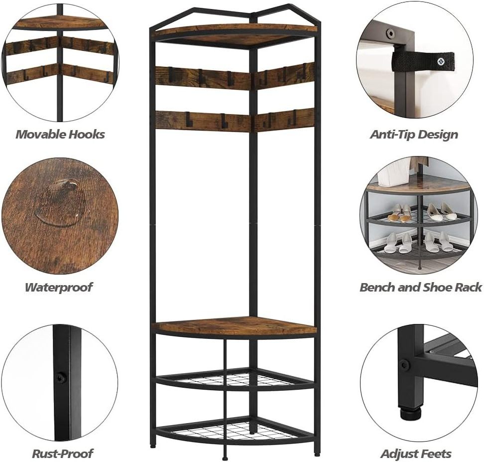 Corner Hall Tree Clothes Stands Rack Shoes Shelf Organizer with Metal Movable Hooks