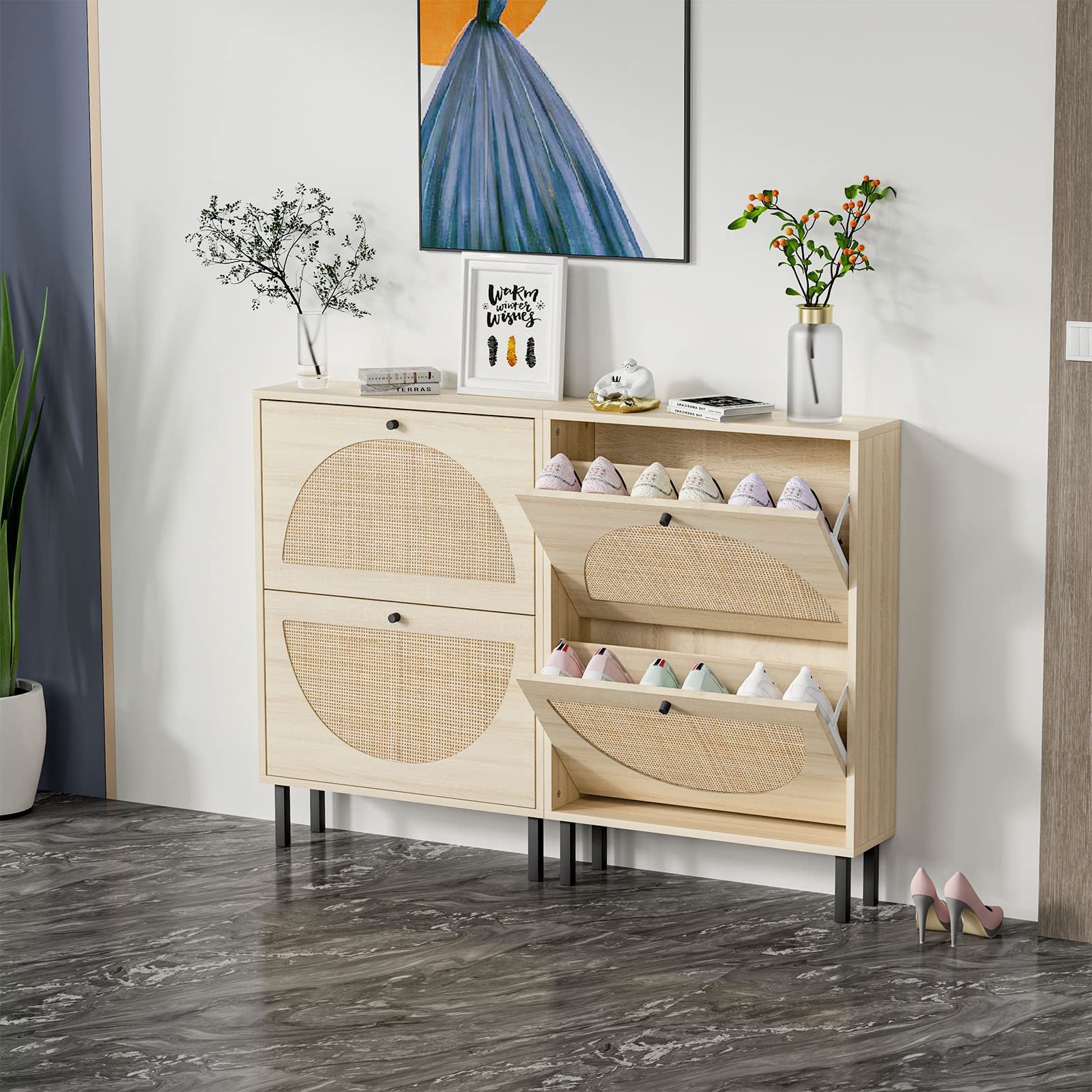 Entryway Bedroom Living Room Rattan Shoe Cabinet with 2 Flip Drawers Narrow Shoe Storage Cabinet