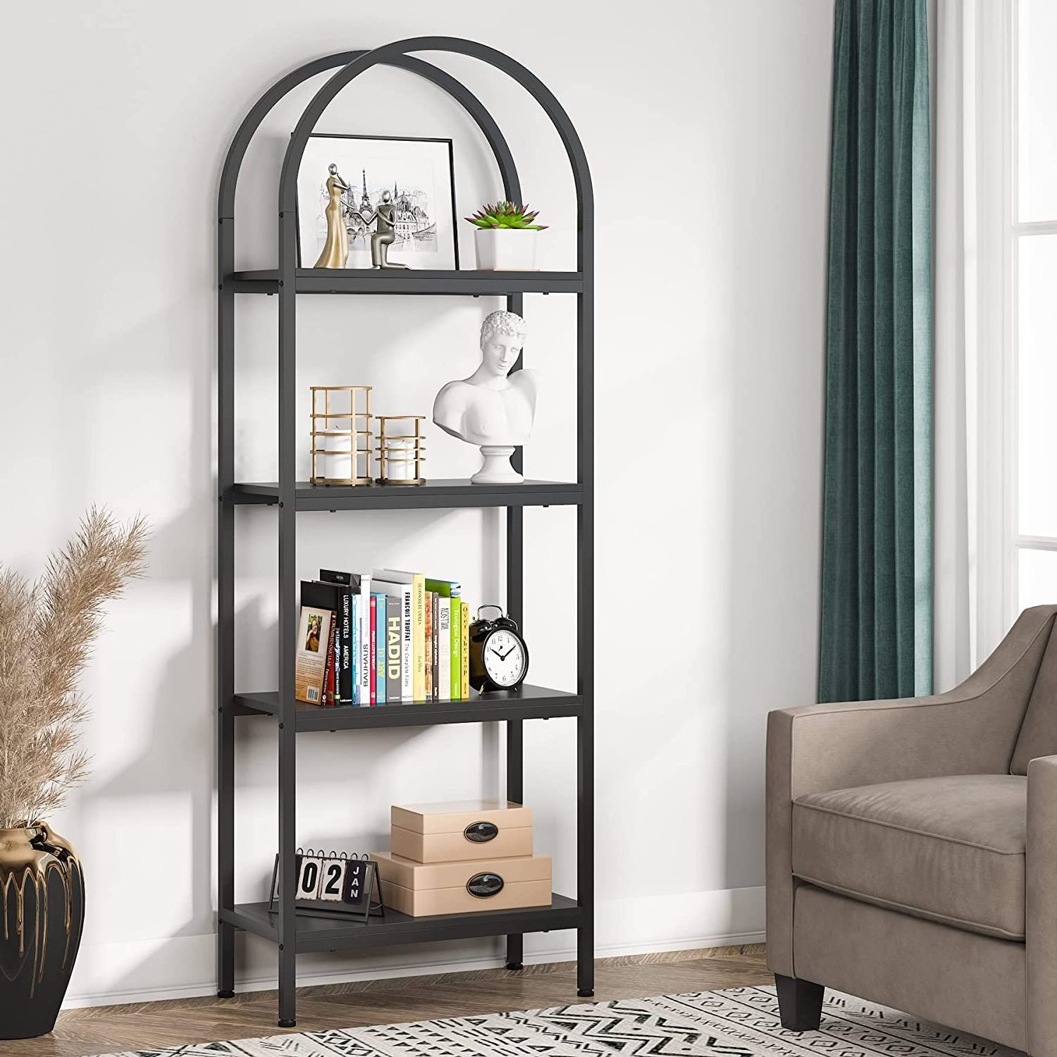 Freestanding Display Rack Tall Shelving Unit for Office Wood Bookcase Storage Shelves with Metal Frame 4-Tier Open Bookshelf