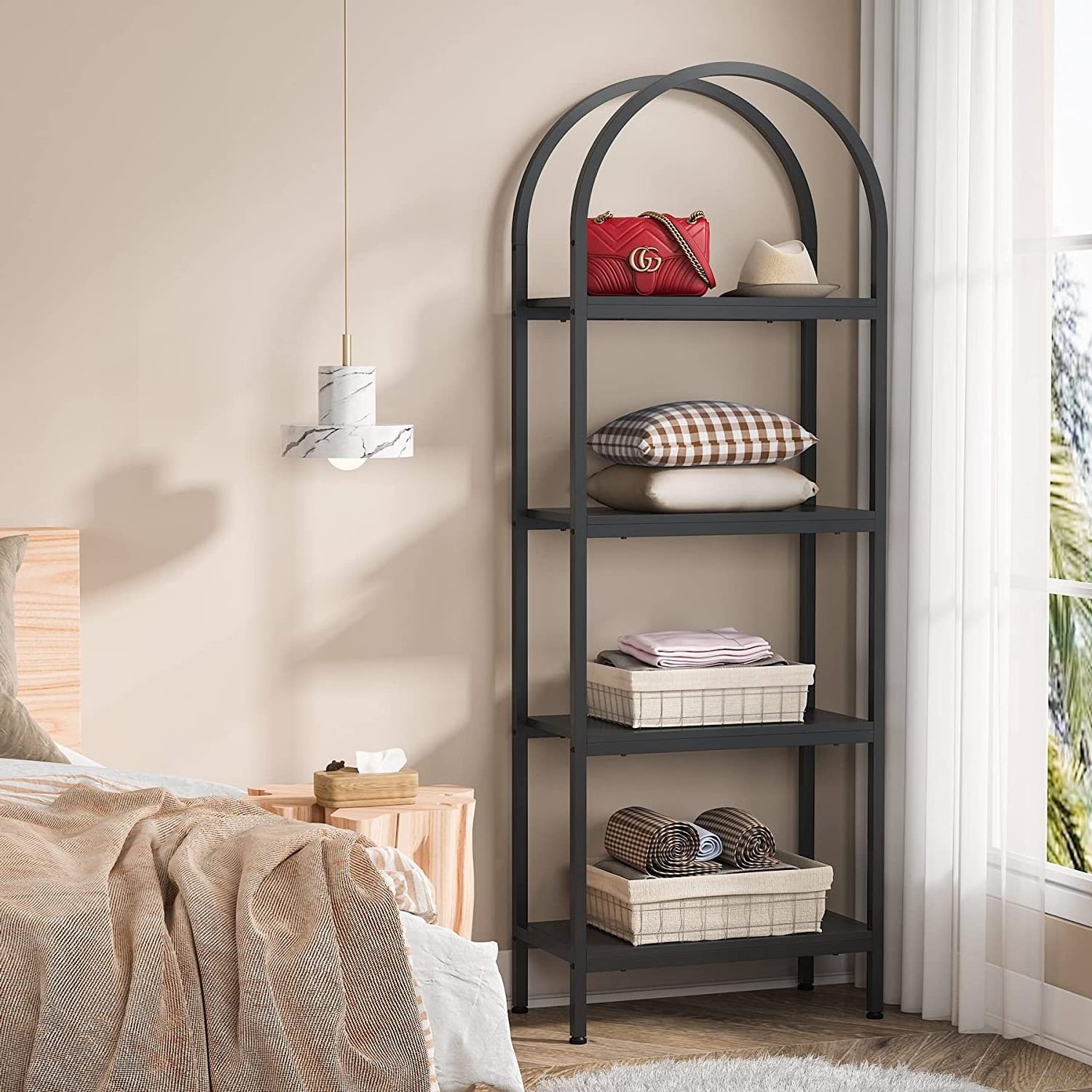 Freestanding Display Rack Tall Shelving Unit for Office Wood Bookcase Storage Shelves with Metal Frame 4-Tier Open Bookshelf