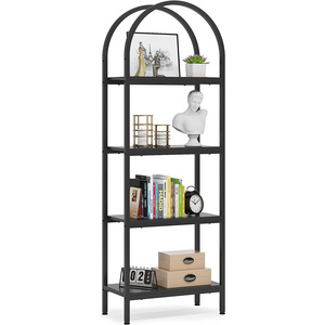 Freestanding Display Rack Tall Shelving Unit for Office Wood Bookcase Storage Shelves with Metal Frame 4-Tier Open Bookshelf