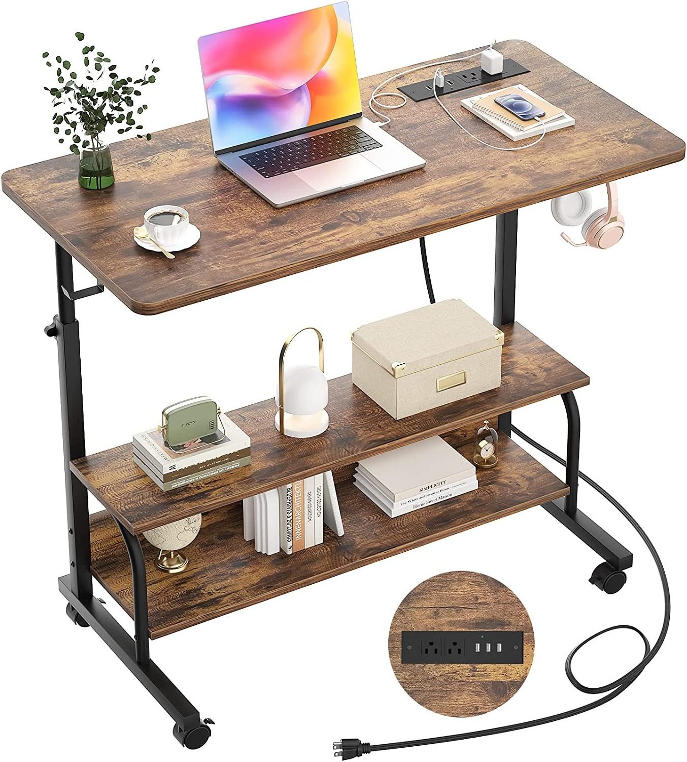 Height Adjustable Standing Desk with Power Outlets With wheels lifting movable learning desk bedside lazy table