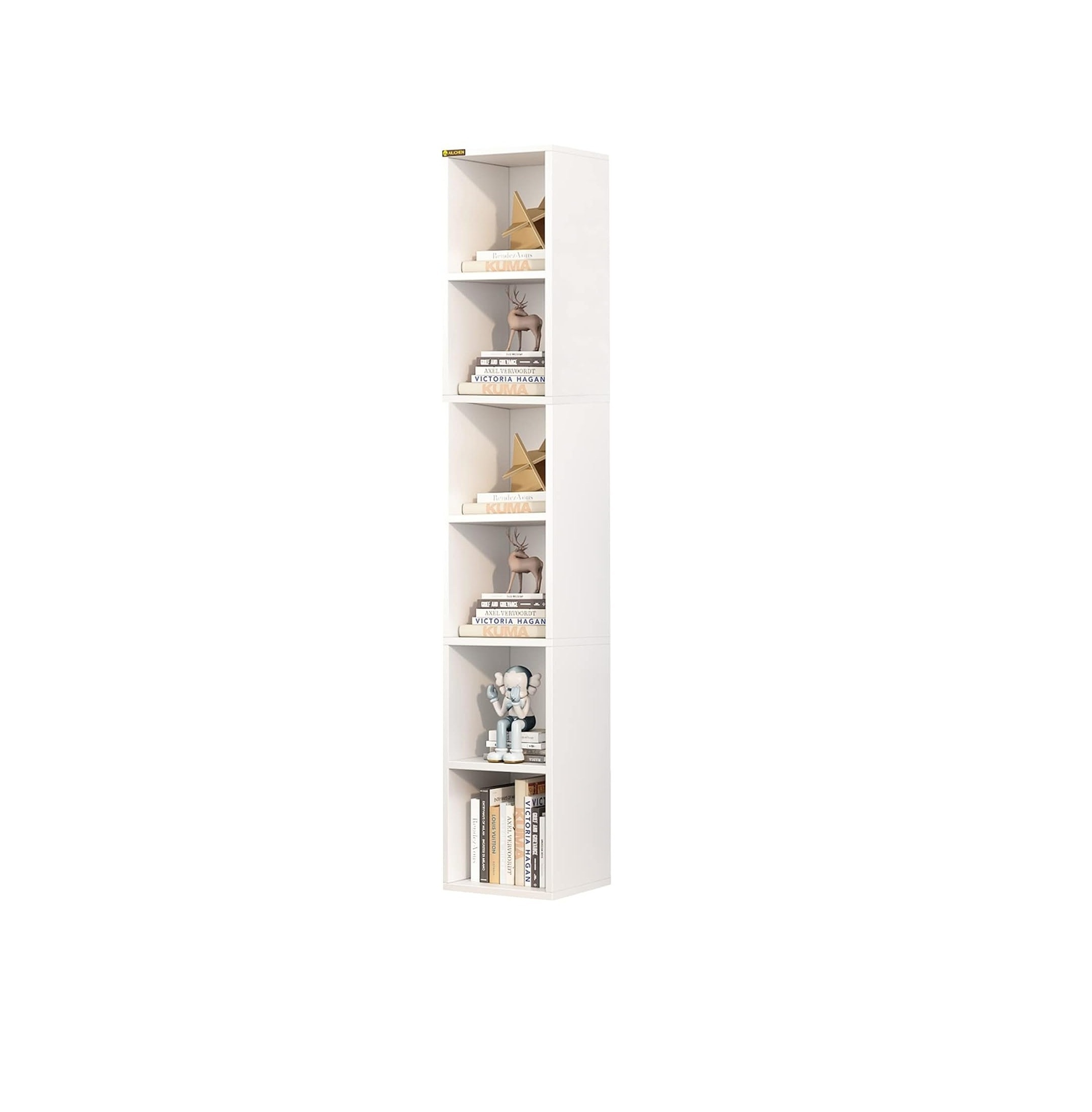 Tall Narrow Bookshelf with 6 Shelf Wooden Corner  Display Shelving for Living Room Furniture