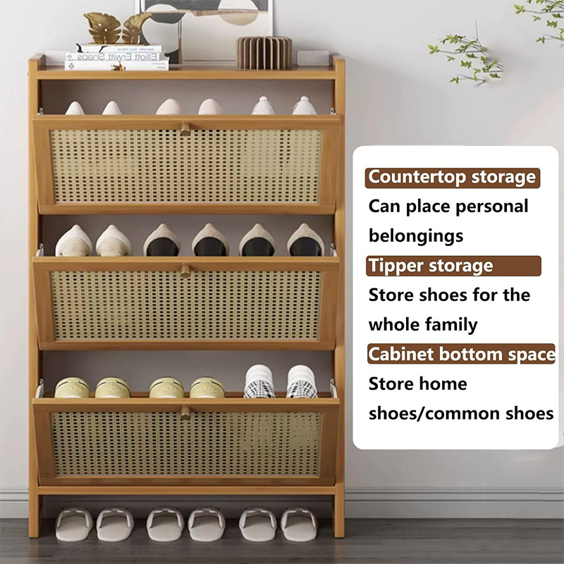 Hidden tipping bucket shoe cabinet multi-layer storage rattan shoe rack