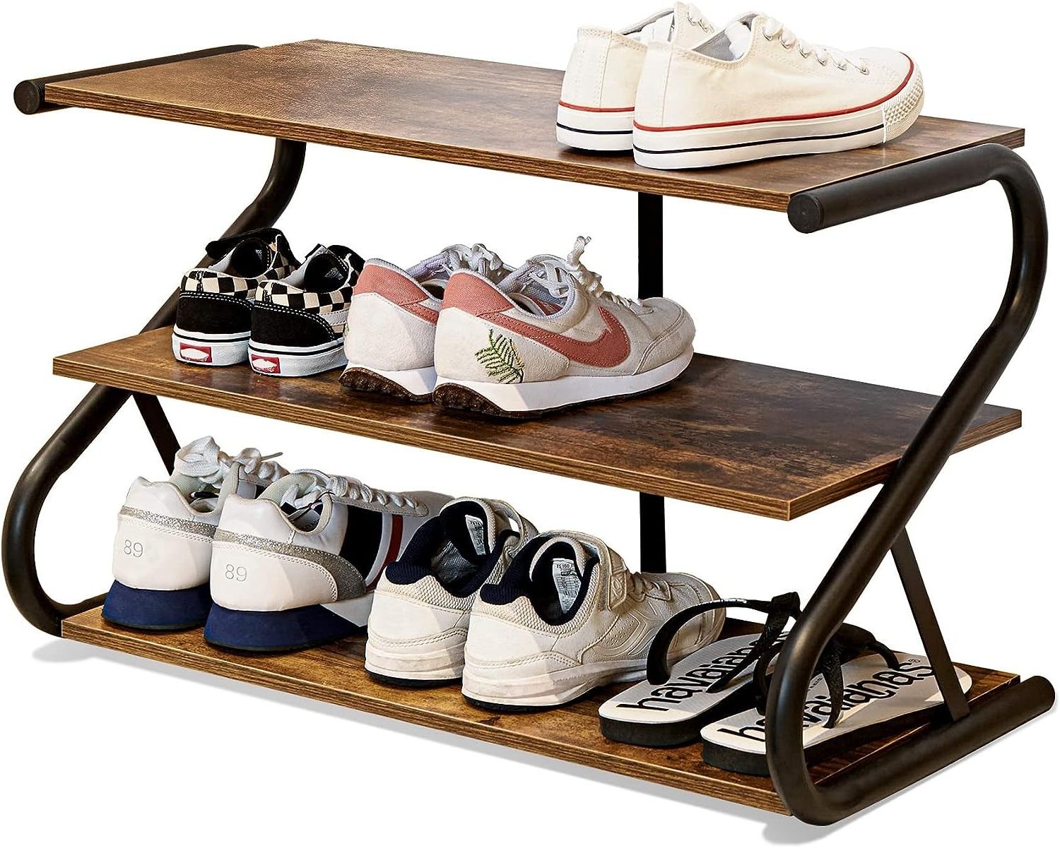 Modern Wooden Shoe Rack with Durable Z Shape Metal Shelves Design for Hallway