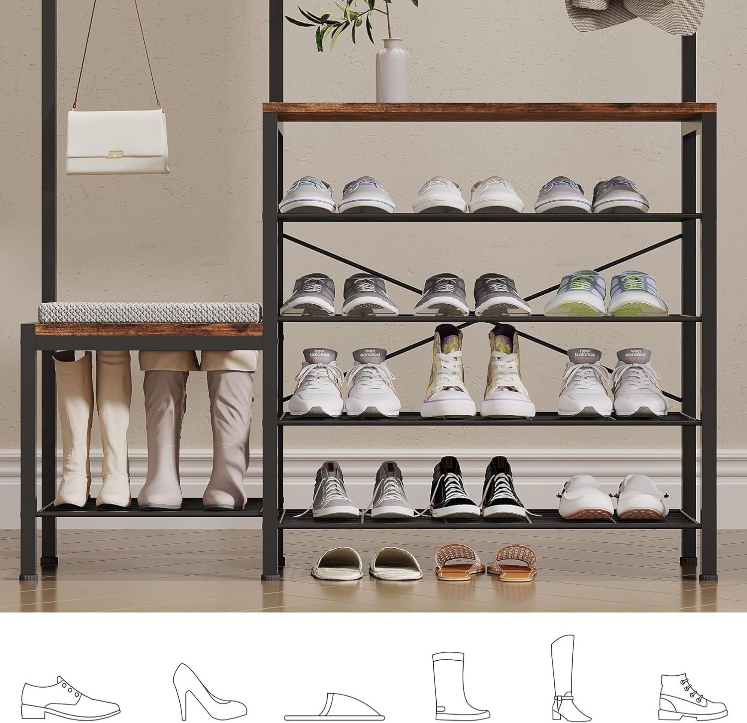 5-Tier Entryway Freestanding Shoe Bench Coat Rack with Shelf