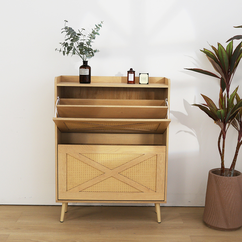 Wooden Thin Shoe Rack Home Storage Cabinet with 2 Flip Drawers