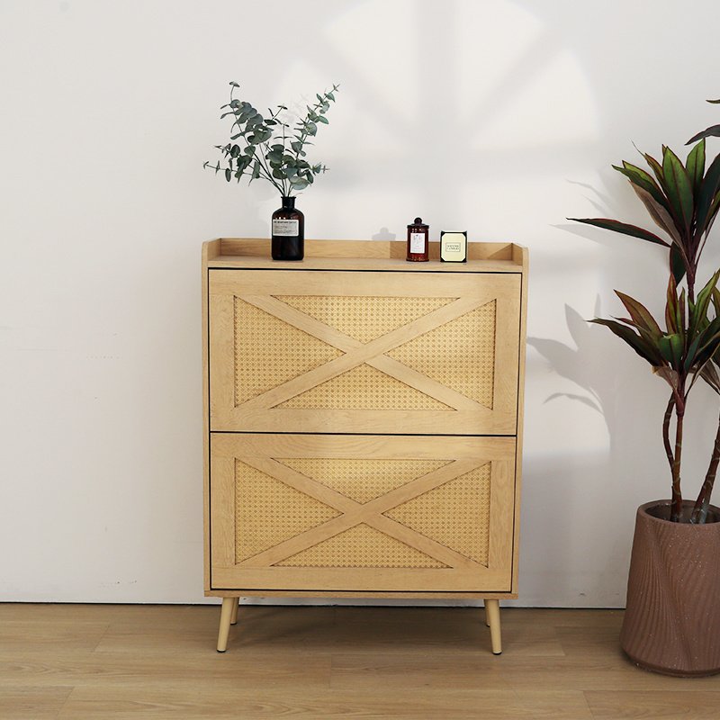 Wooden Thin Shoe Rack Home Storage Cabinet with 2 Flip Drawers