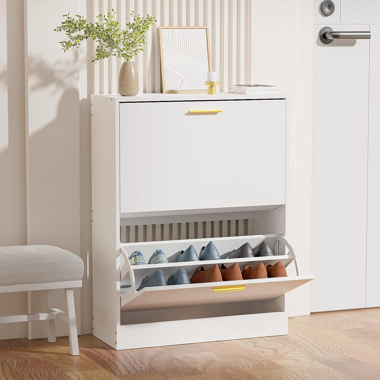 White Modern Slim Shoe Organizer Cabinet for Entryway