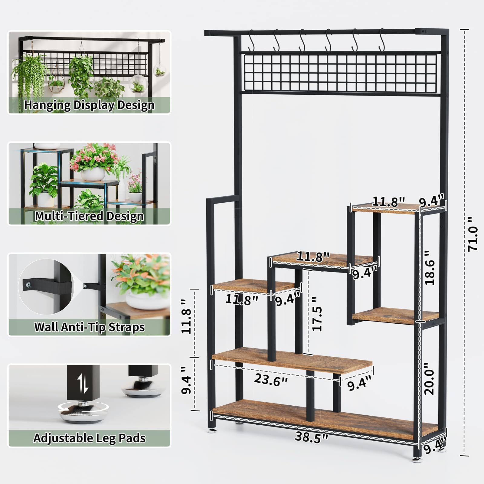 Modern Garden Living Room Metal Wooden Storage Bookcase Book Shelves Iron Multiple Tier Indoor Tall Plant Stand with Glow Lights