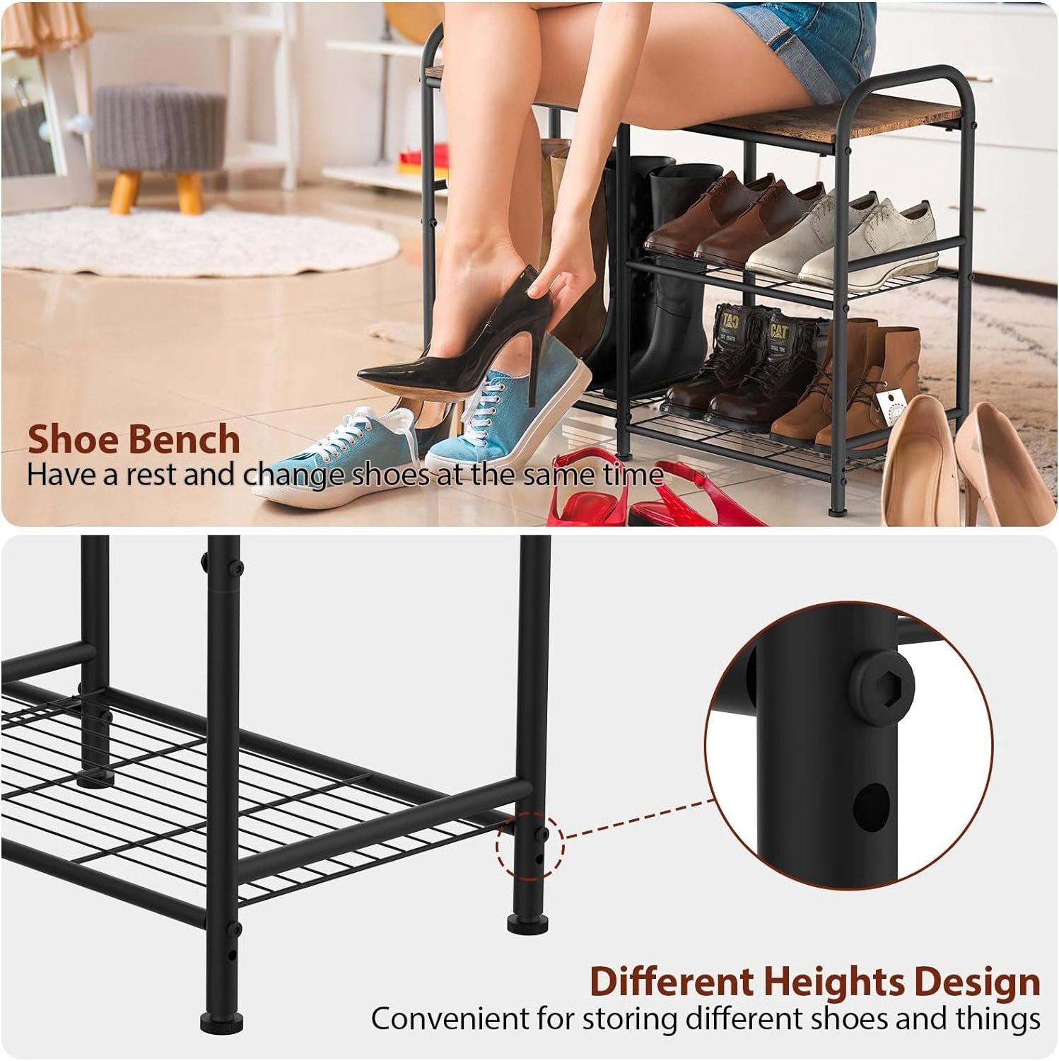 3 Tier Small Metal Shoe Rack Storage Organizer Shelf with Wood Bench