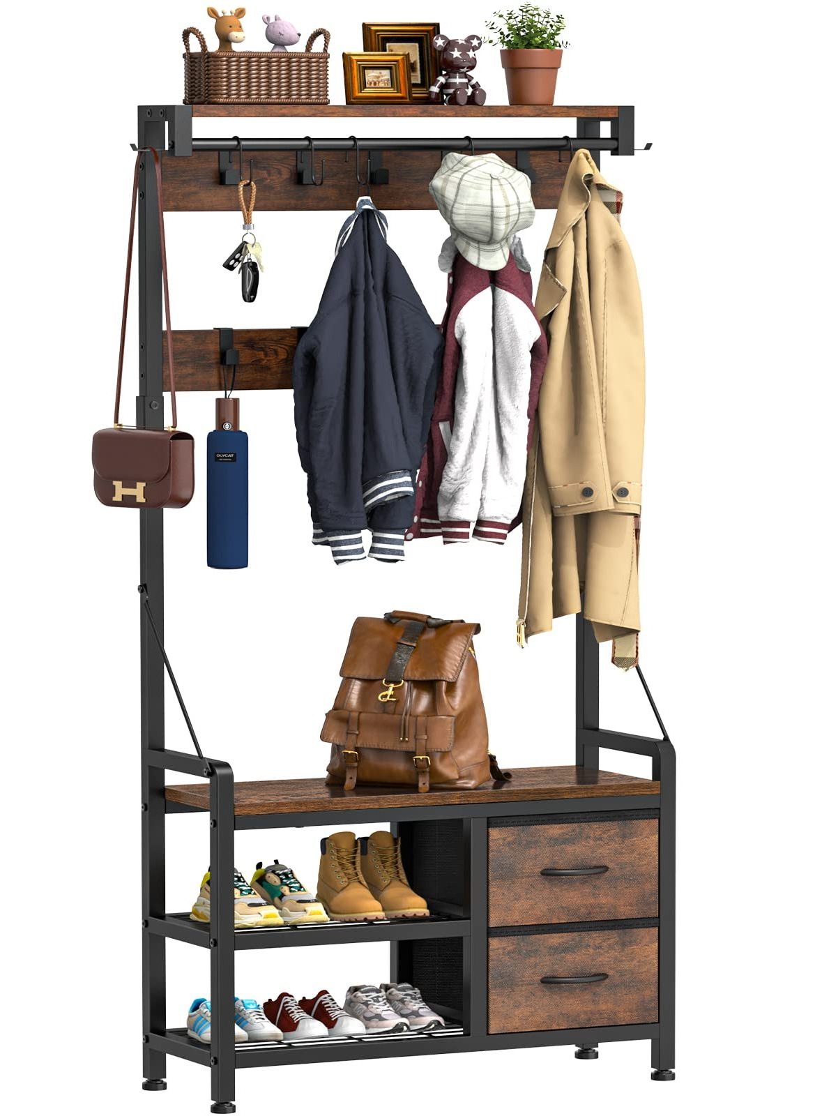 Entryway Bench with Coat Rack freestanding  Intelligent Design Shoe Bench and Wall Rack 17 Hooks and Drawers