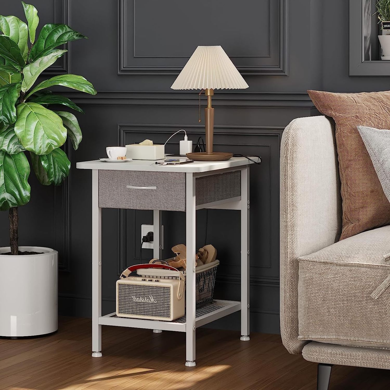 Nightstand with Charging Station and Fabric Drawer smart side table