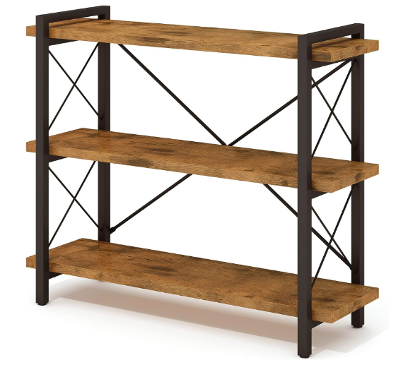 3-Tier Industrial Bookcase Wood Rustic Standing Open Book Shelf with Metal Frame