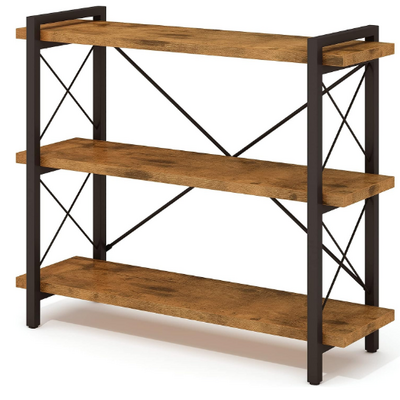 3-Tier Industrial Bookcase Wood Rustic Standing Open Book Shelf with Metal Frame