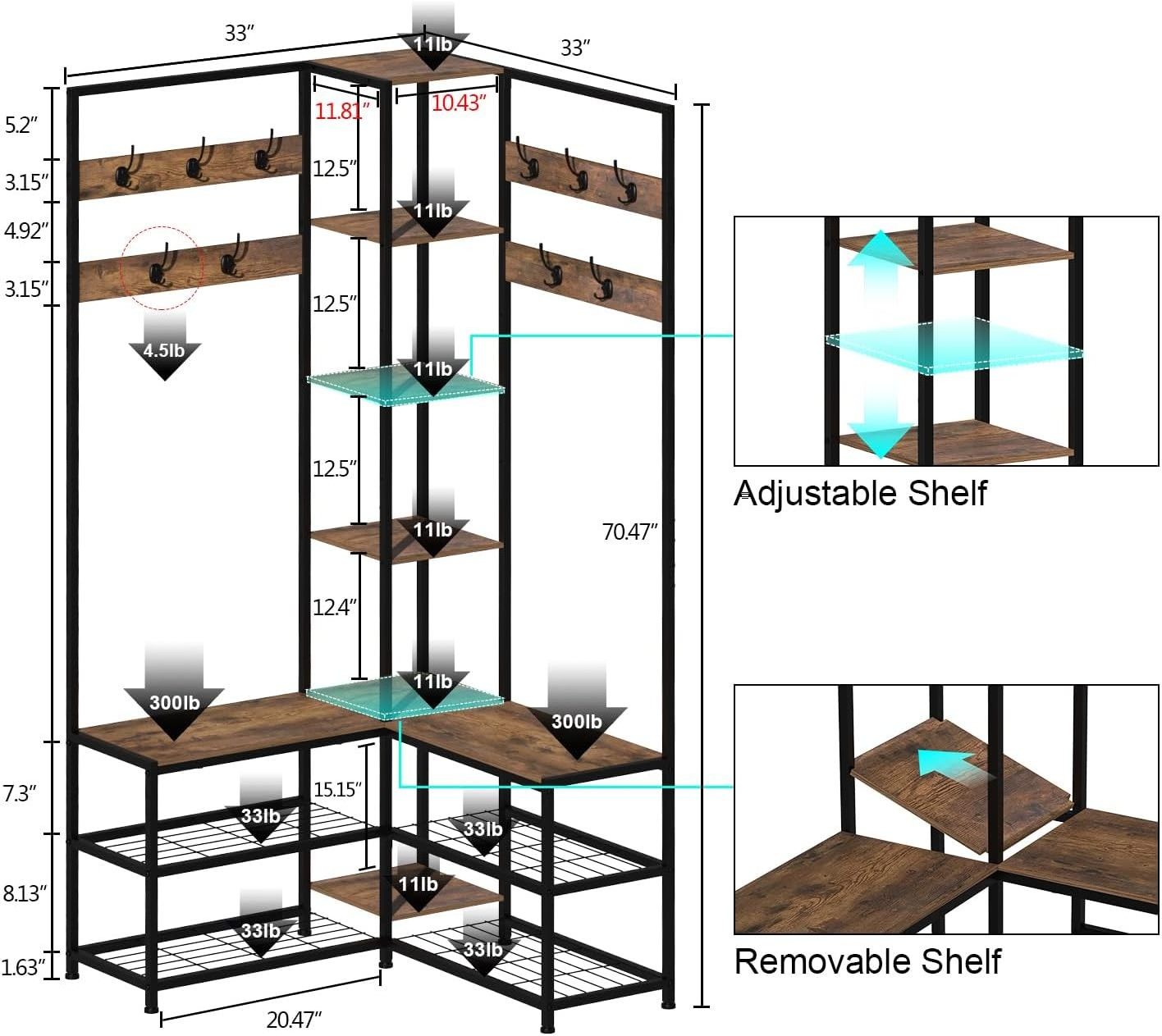 Wooden Industrial Entryway Corner Coat Rack Stand with Shoe Rack Storage Bench for Home Living Room