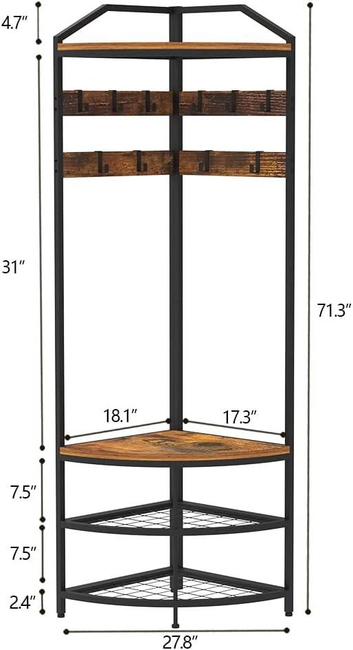 Corner Hall Tree Clothes Stands Rack Shoes Shelf Organizer with Metal Movable Hooks