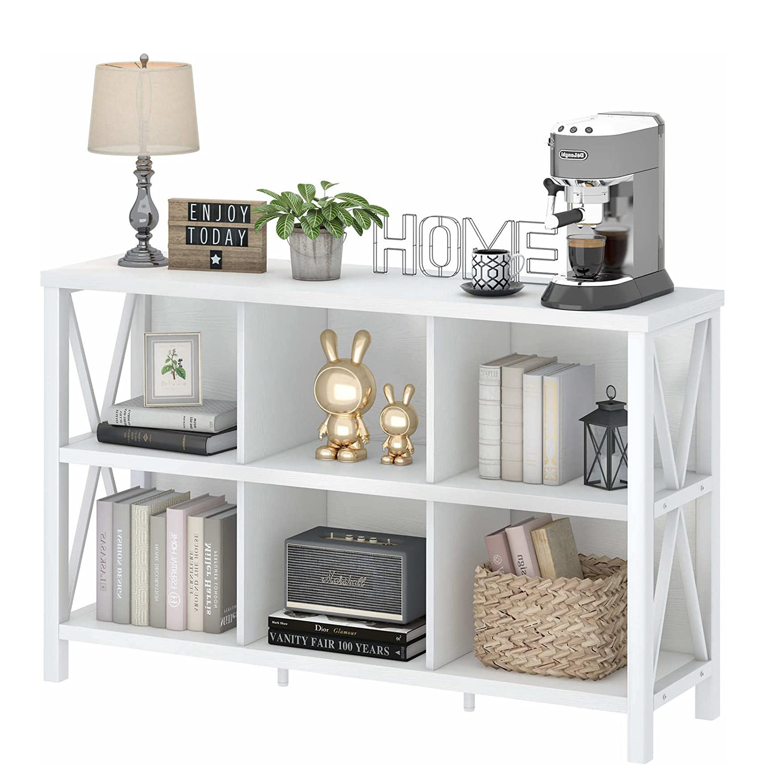 White Industrial Horizontal Bookshelf 6 Cube Storage Organizer with Shelf TV stand