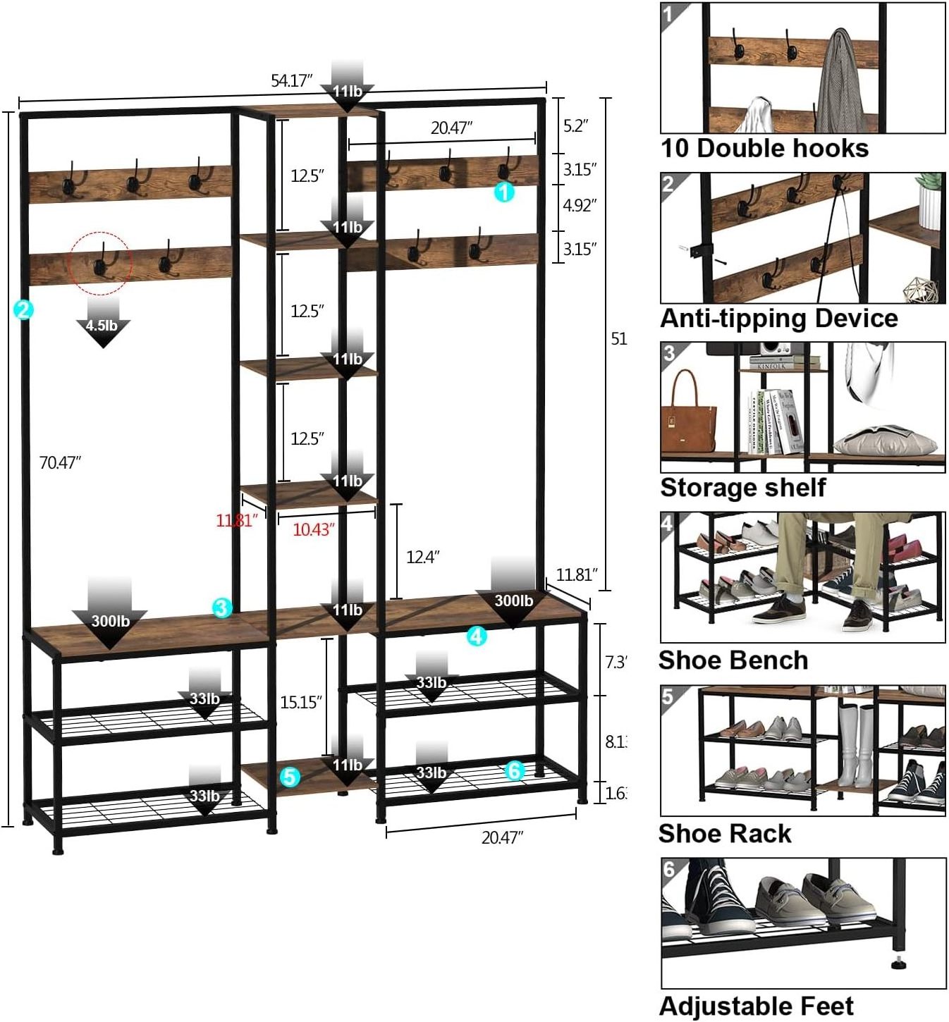 Wooden Industrial Entryway Corner Coat Rack Stand with Shoe Rack Storage Bench for Home Living Room