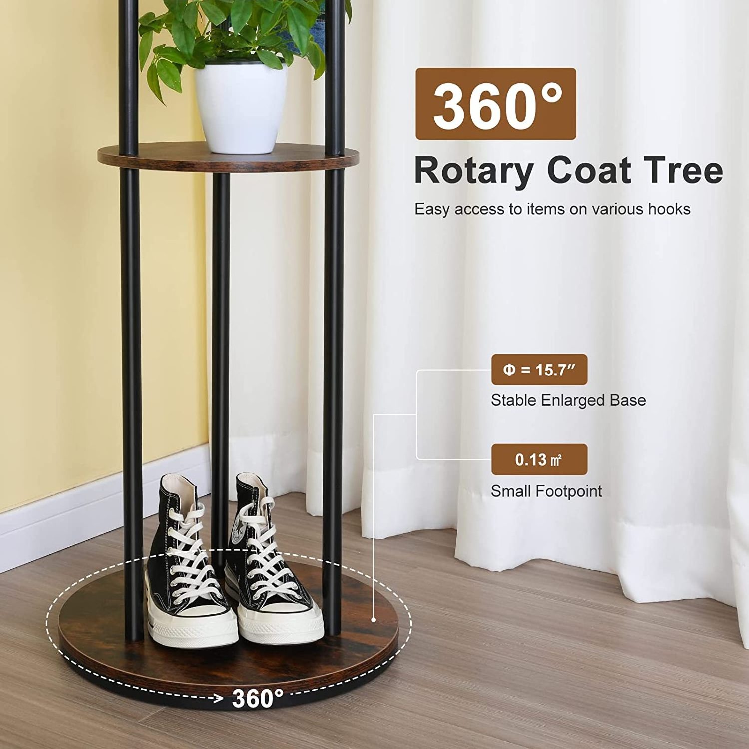 Hooks for Entryway Hallway Bedroom Rotary Coat Rack Freestanding Industrial Style Wood Metal Coat Tree Stand