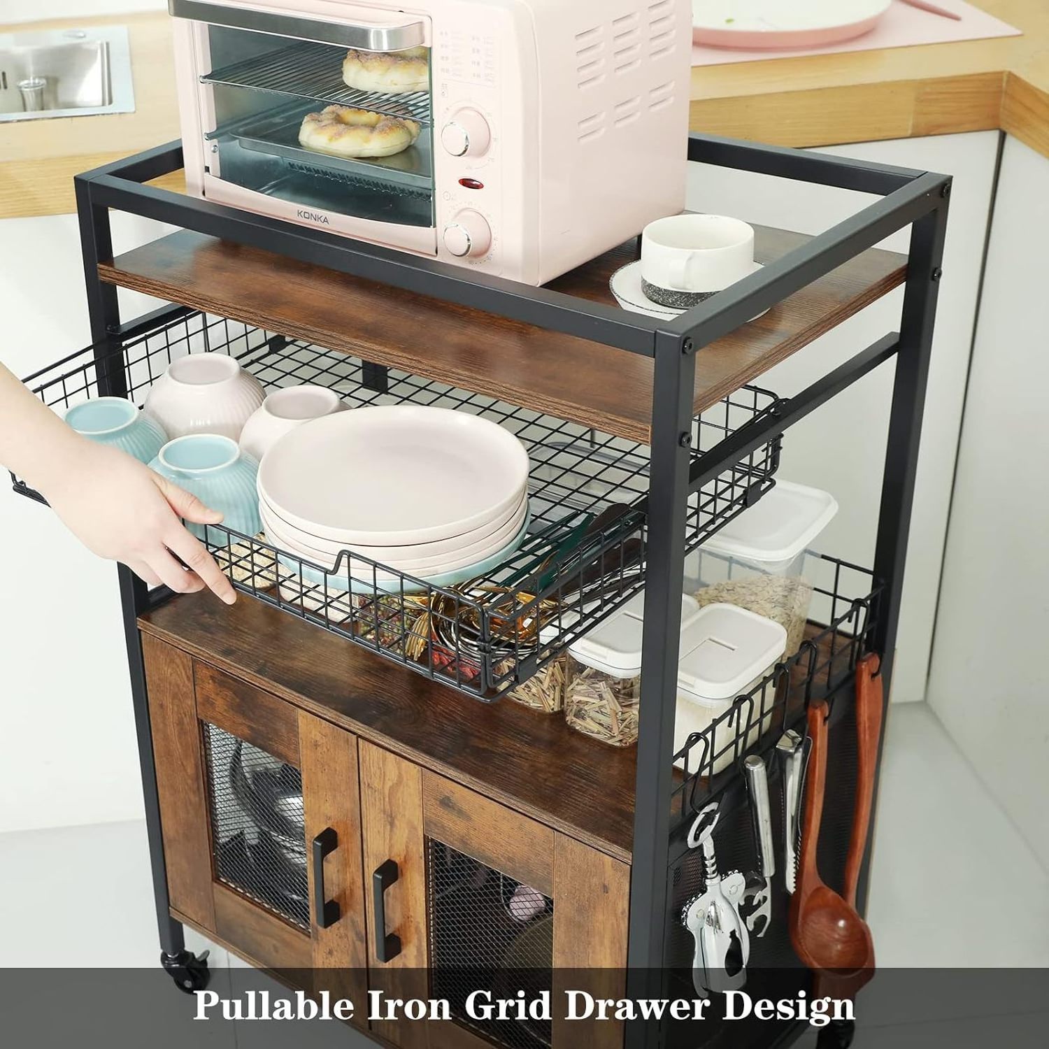 3 Tier Buffet Sideboard Coffee Bar Cart Cabinet with Wire Basket Drawer for Home Kitchen