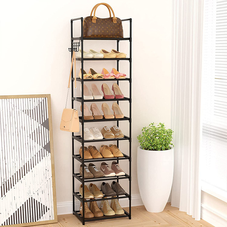 Entrance channel dual shoe storage rack Durable black metal stackable shoe cabinet with hook