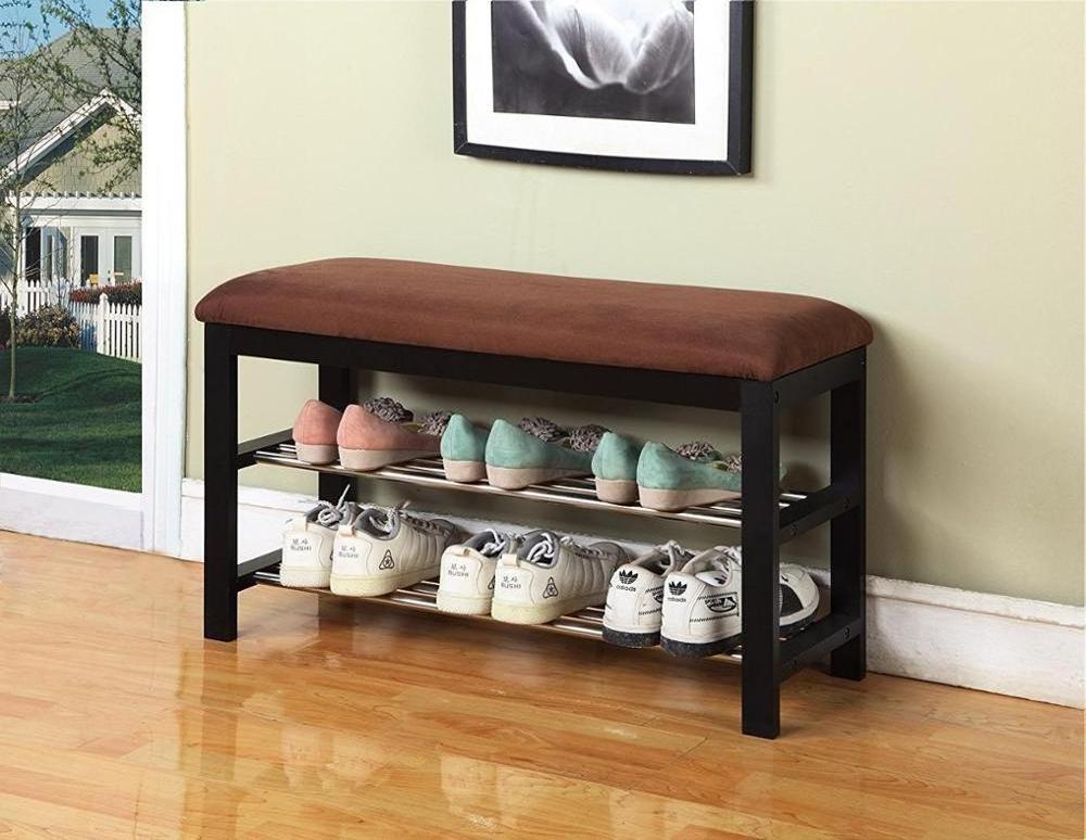 Wood  Shoe Rack  Storage Bench With Soft Seat Cushion For Living Room