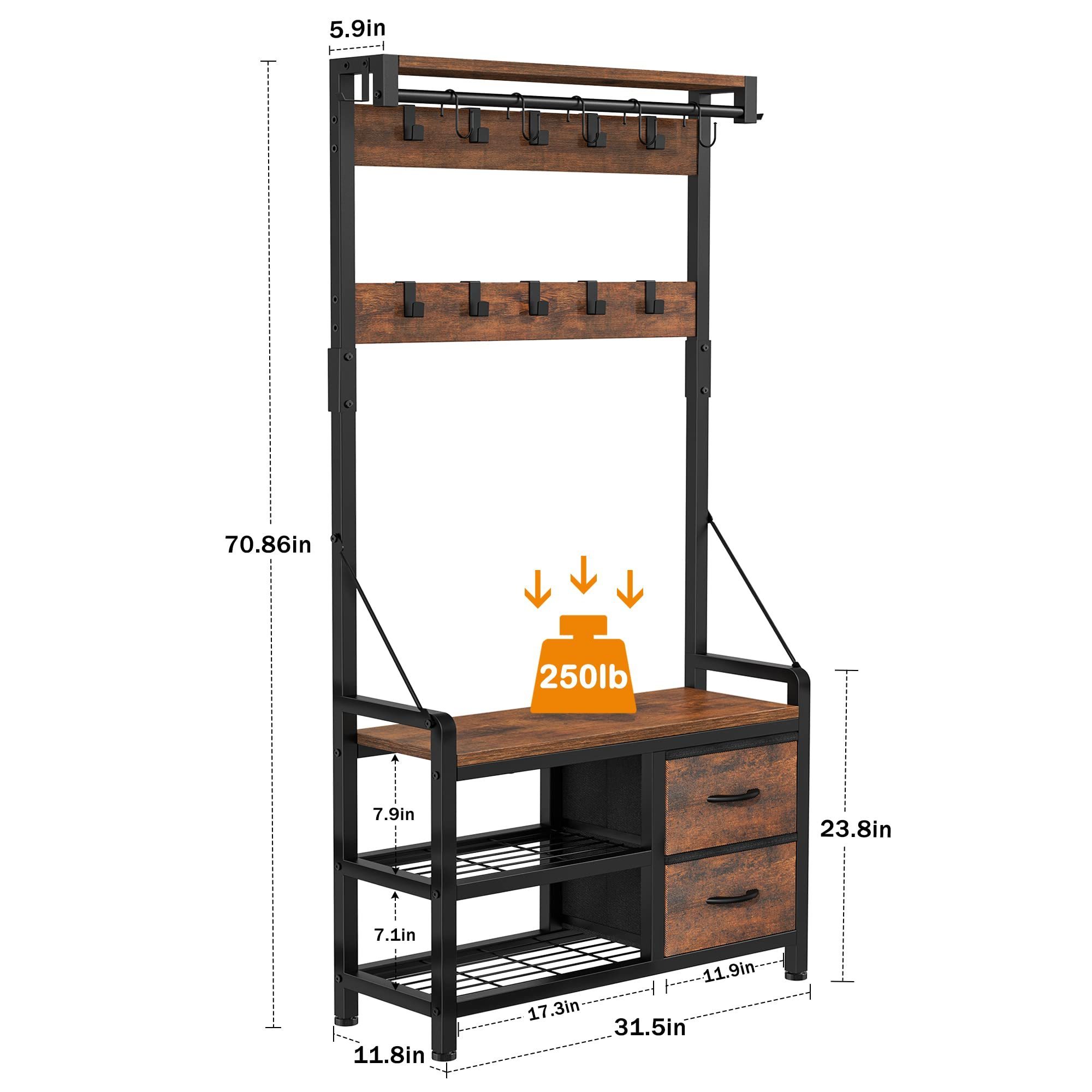 Entryway Bench with Coat Rack freestanding  Intelligent Design Shoe Bench and Wall Rack 17 Hooks and Drawers