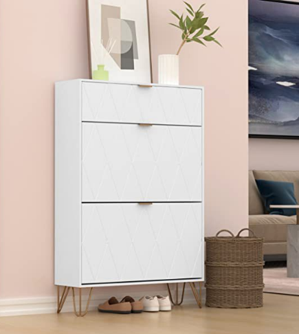 Modern Home White Wooden Sideboard Foldable Hinge Door Drawers Storage Organizer Shoe Rack Cabinet for Living Room