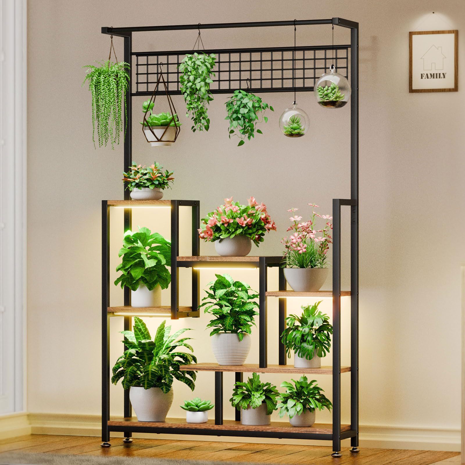 Modern Garden Living Room Metal Wooden Storage Bookcase Book Shelves Iron Multiple Tier Indoor Tall Plant Stand with Glow Lights