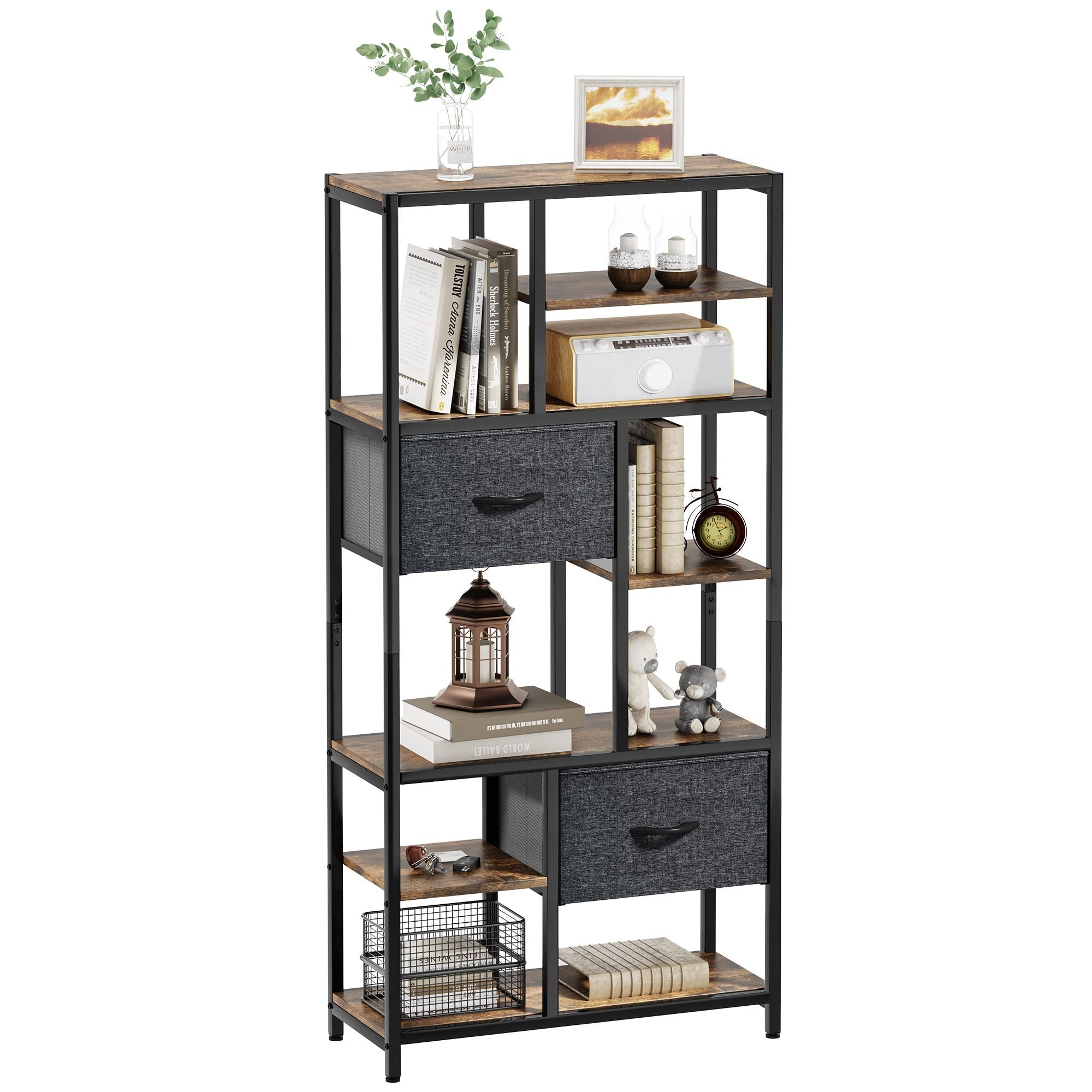 Modern 5 Tier Tall Large Bookshelf with Fabric Drawers  Large Capacity Office Shelf Space Divider for Bedroom Shelves