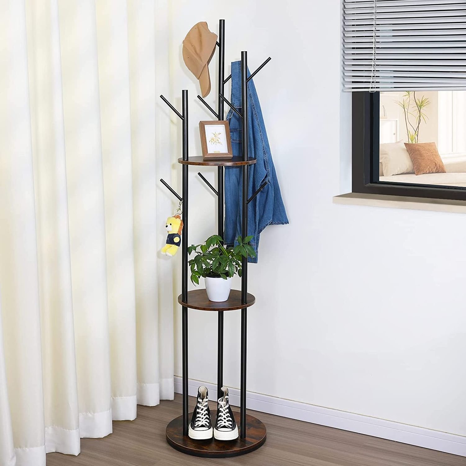 Hooks for Entryway Hallway Bedroom Rotary Coat Rack Freestanding Industrial Style Wood Metal Coat Tree Stand