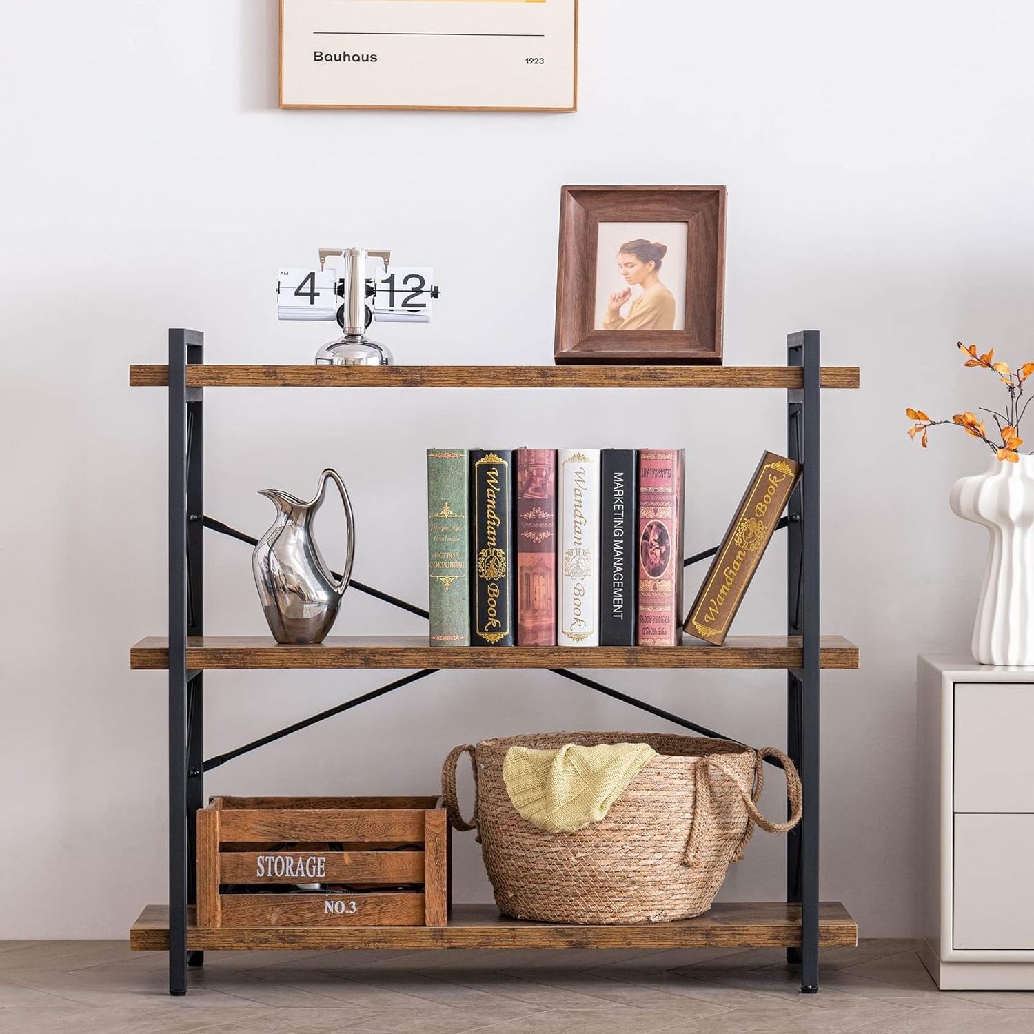 3-Tier Industrial Bookcase Wood Rustic Standing Open Book Shelf with Metal Frame