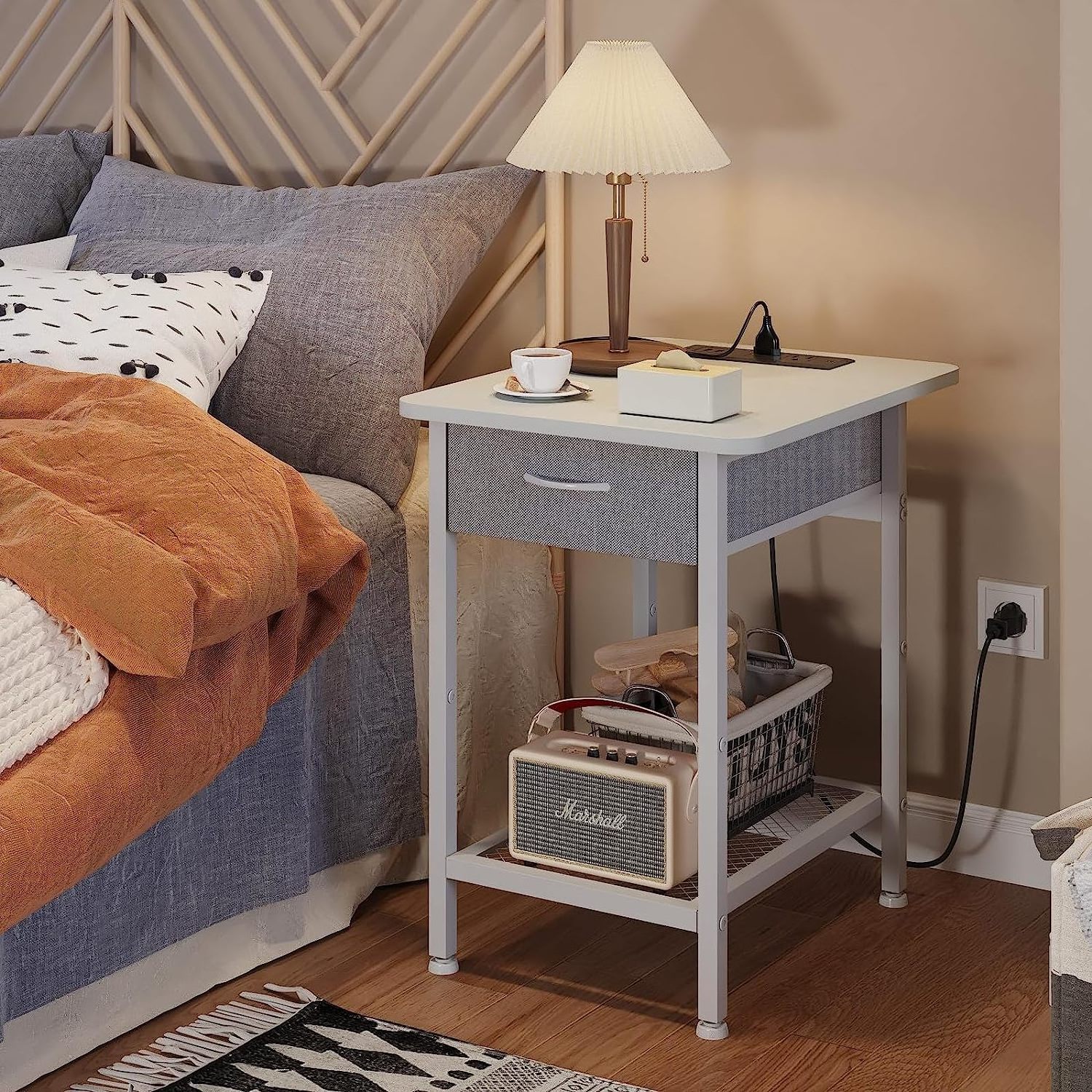 Nightstand with Charging Station and Fabric Drawer smart side table