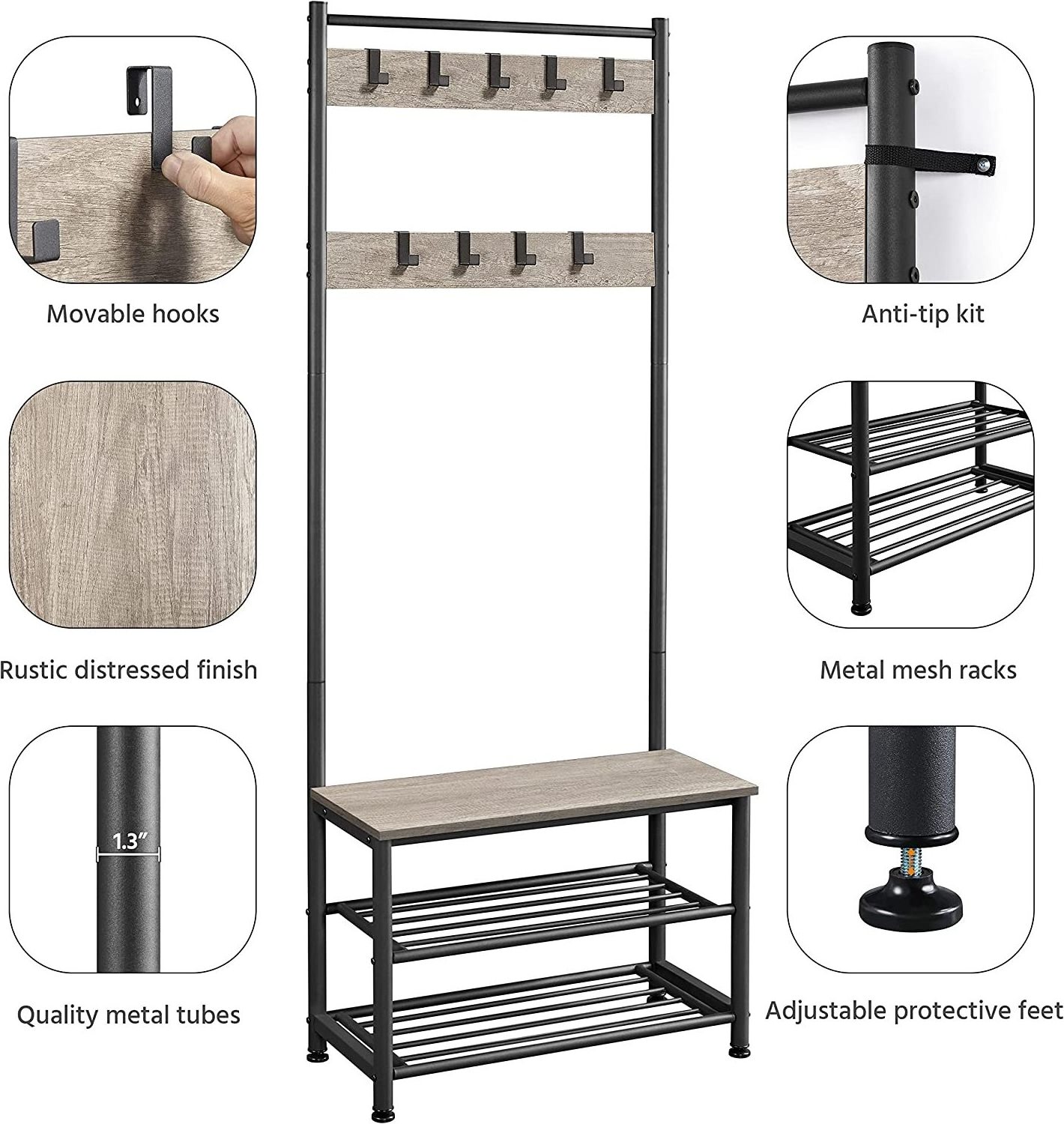 Industrial Accent Furniture with Metal Frame Hall Tree Coat Rack with Shoe Storage Bench