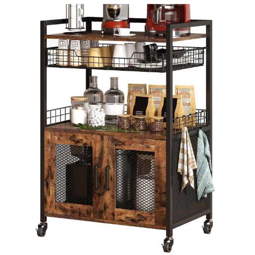 3 Tier Buffet Sideboard Coffee Bar Cart Cabinet with Wire Basket Drawer for Home Kitchen